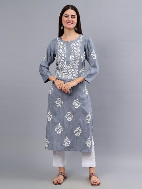 women three quarter sleeve chikankari kurta - 21450813 - Standard Image - 0