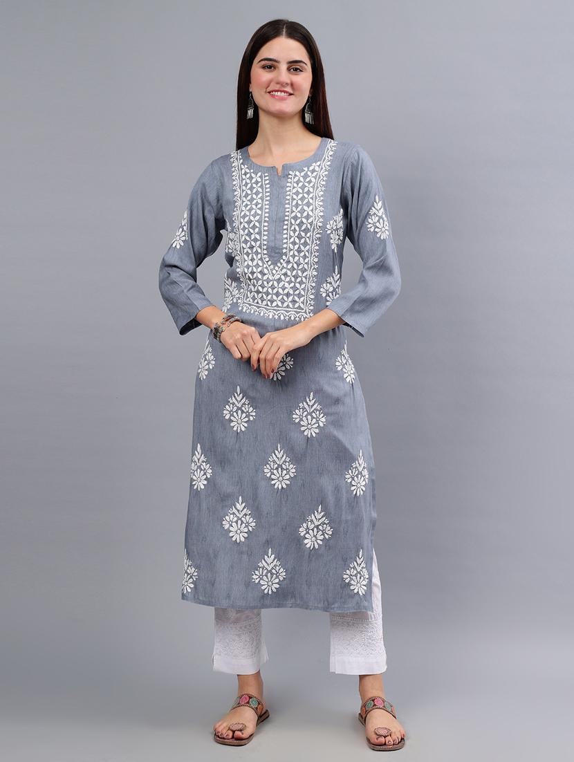 women three quarter sleeve chikankari kurta - 21450813 - Zoom Image - 0