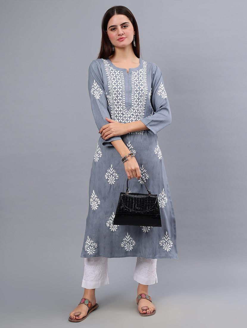 women three quarter sleeve chikankari kurta - 21450813 - Standard Image - 1