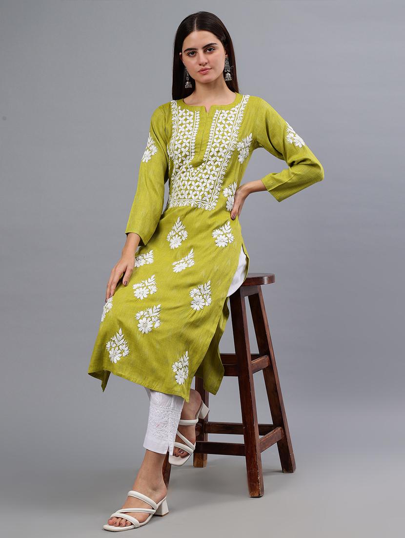 women three quarter sleeve chikankari kurta - 21450814 - Standard Image - 1