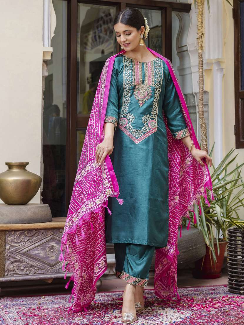 women teal green kurta dupatta set