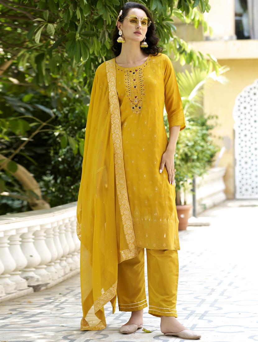 women mustard kurta dupatta set - 21450923 - Standard Image - 1