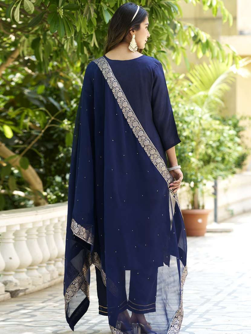 Women Navy Blue Kurta Dupatta Set