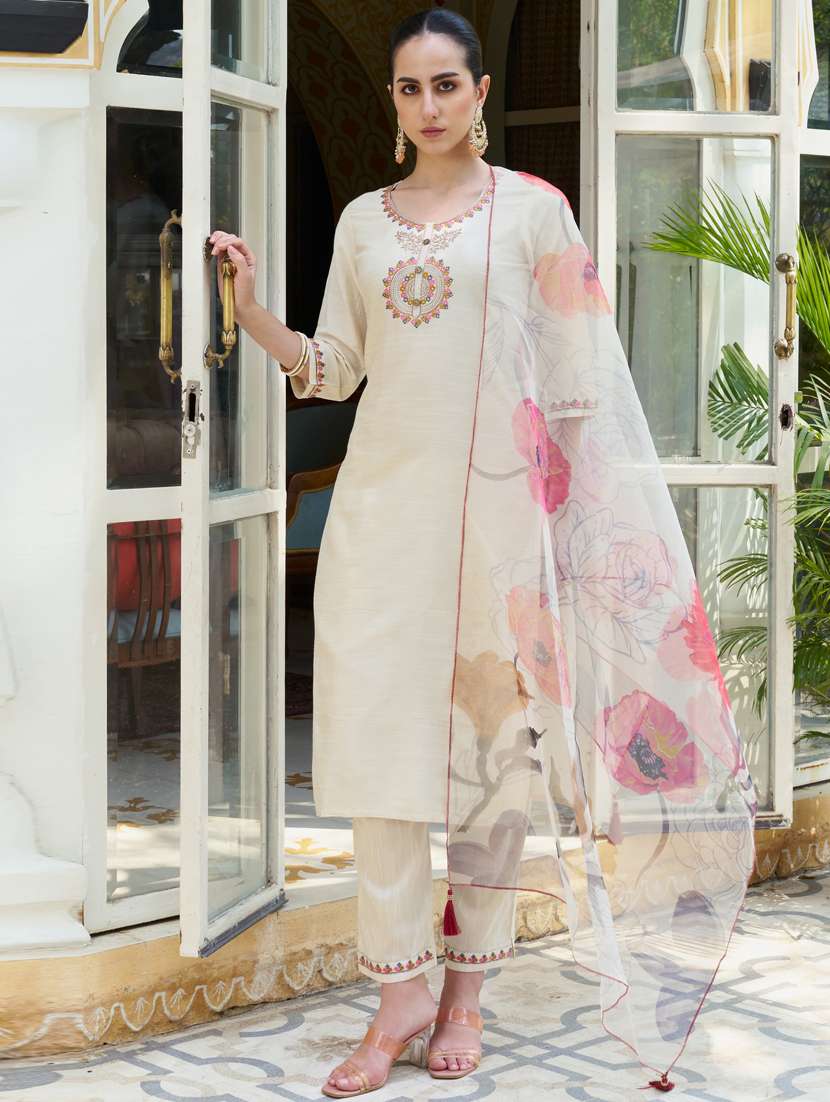 women three quarter sleeve kurta pant with dupatta set