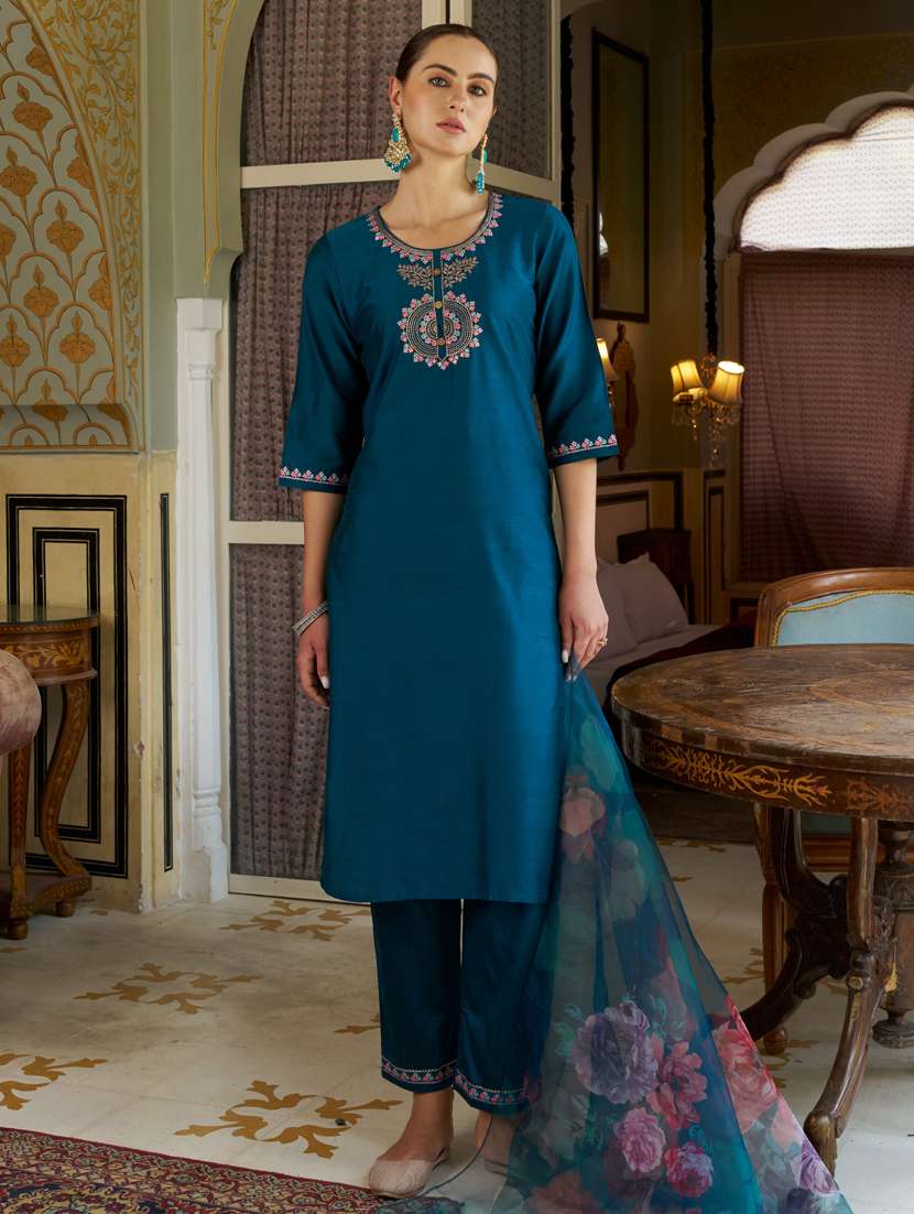 women teal embroidered kurta pant with dupatta set - 21450946 - Standard Image - 1