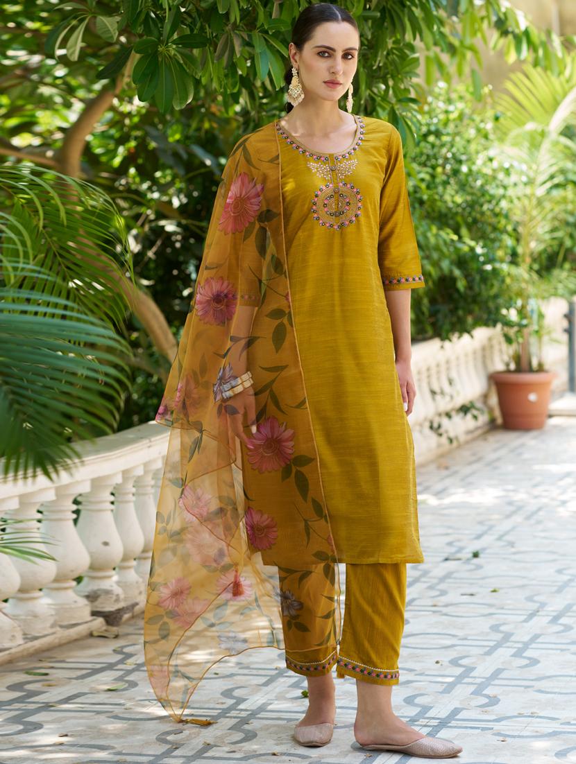 women mustard kurta dupatta set - 21450947 -  Standard Image - 1