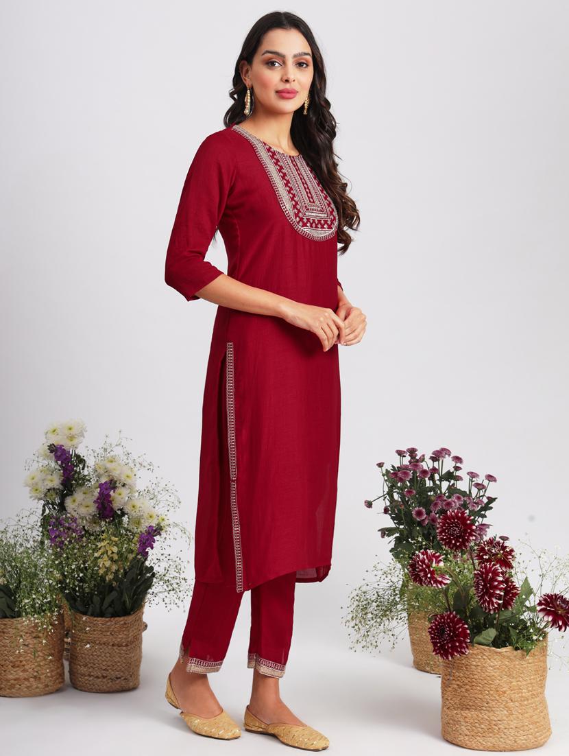 women maroon kurta dupatta set - 21451046 -  Standard Image - 1