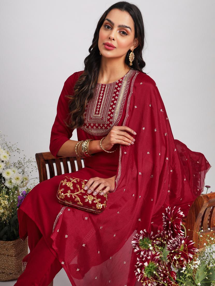 women maroon kurta dupatta set - 21451046 - Standard Image - 4
