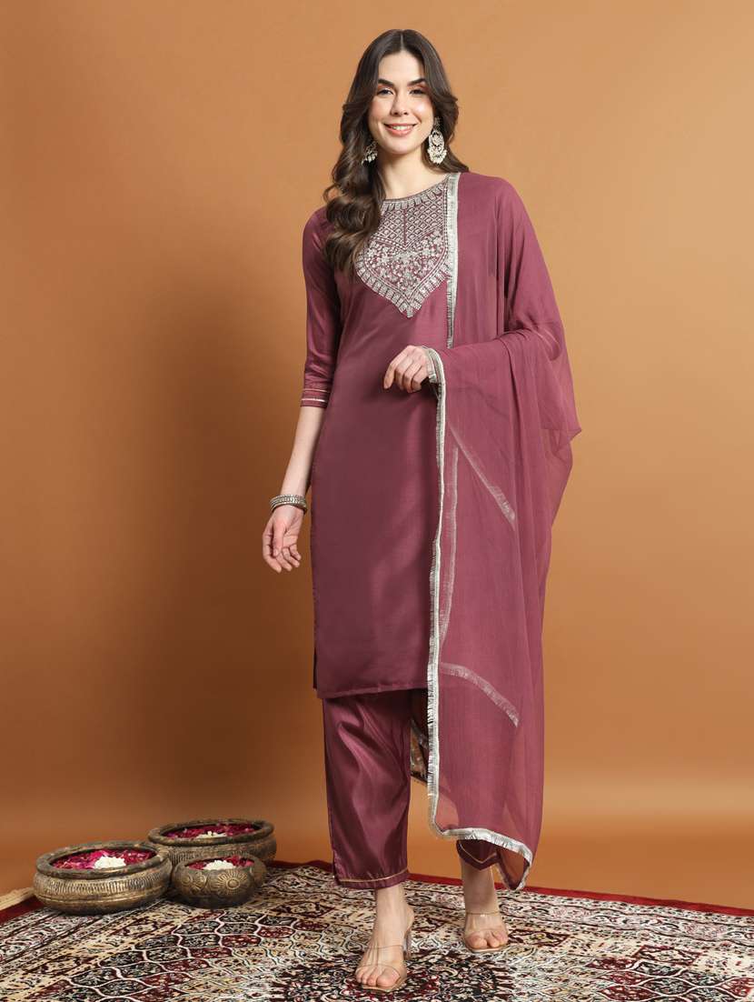 women three quarter sleeve kurta pant with dupatta set
