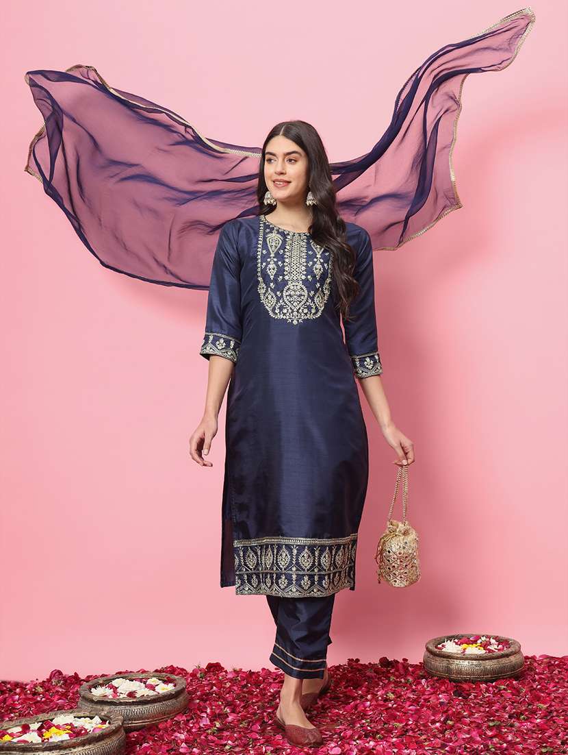 women navy blue kurta dupatta set - 21451070 -  Standard Image - 1