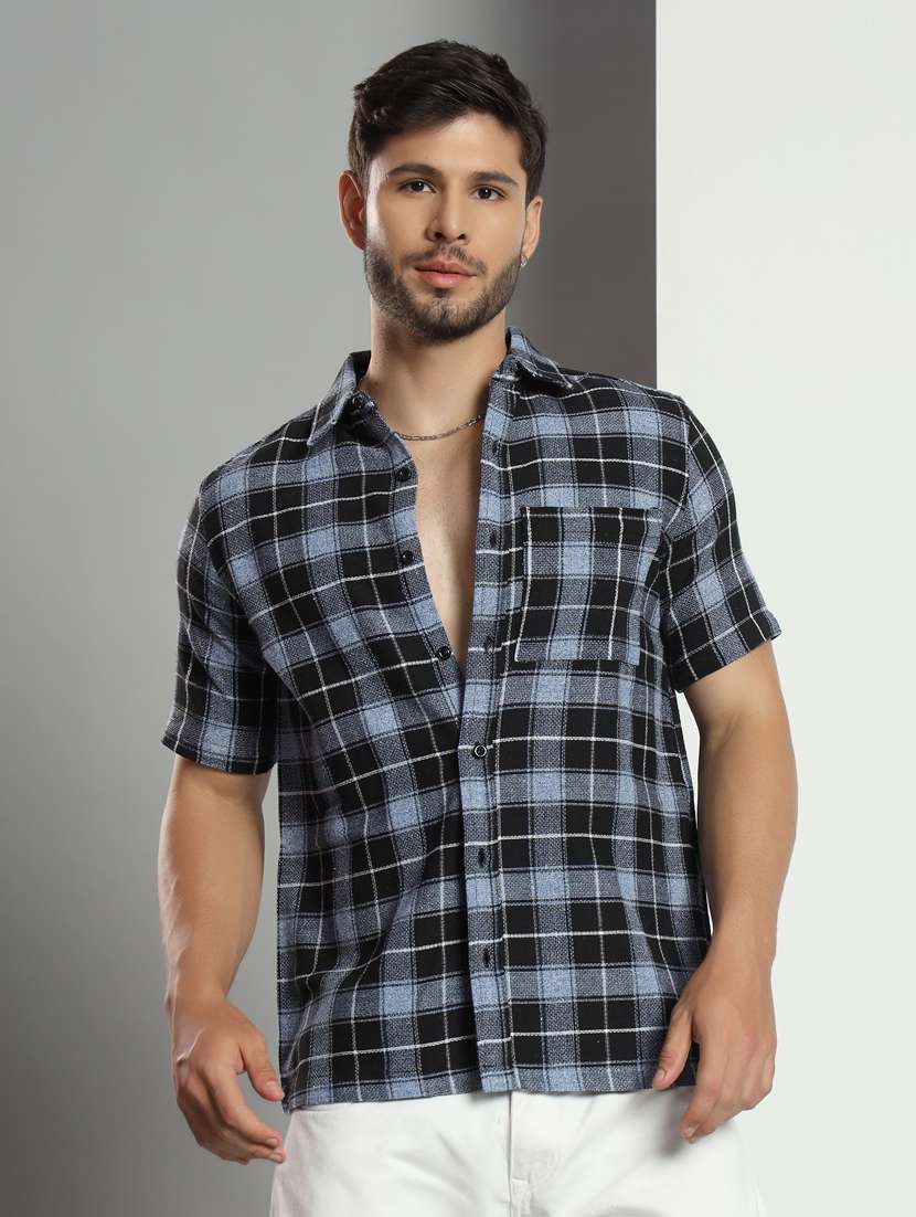 men checkered short sleeved casual shirt