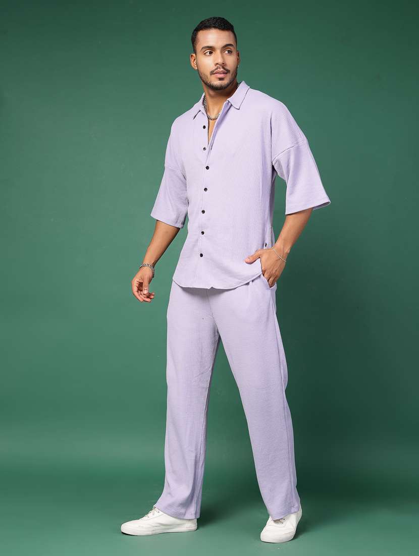 men lavender solid collared co-ord set