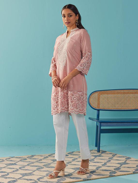 women solid with work embroidered schiffli a-line kurti - 21451494 - Standard Image - 1
