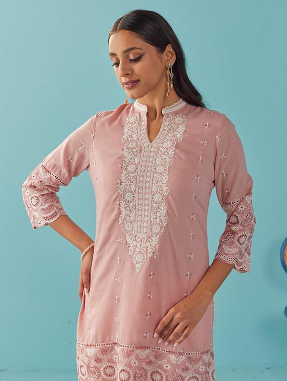 women solid with work embroidered schiffli a-line kurti - 21451494 - Standard Image - 4