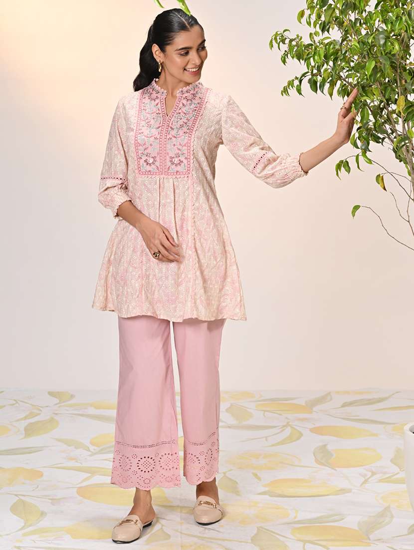 women solid with work embroidered schiffli a-line kurti