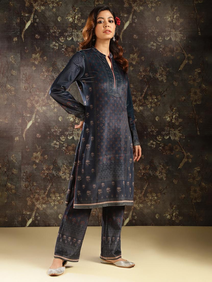 women navy blue velvet kurta pant set - 21451705 -  Standard Image - 1