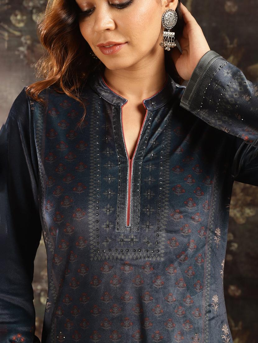 women navy blue velvet kurta pant set - 21451705 - Standard Image - 4