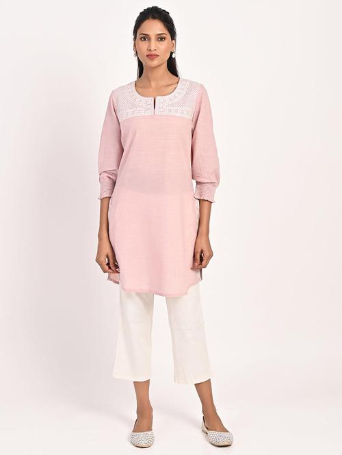 pink placement embroidered cotton kurta - 21451943 -  Standard Image - 0