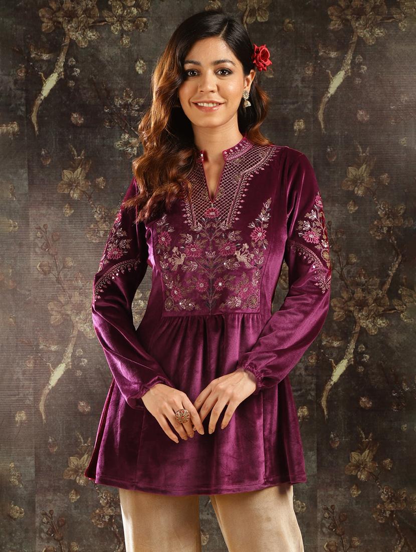 purple embroidered regular tunic - 21452088 - Standard Image - 1