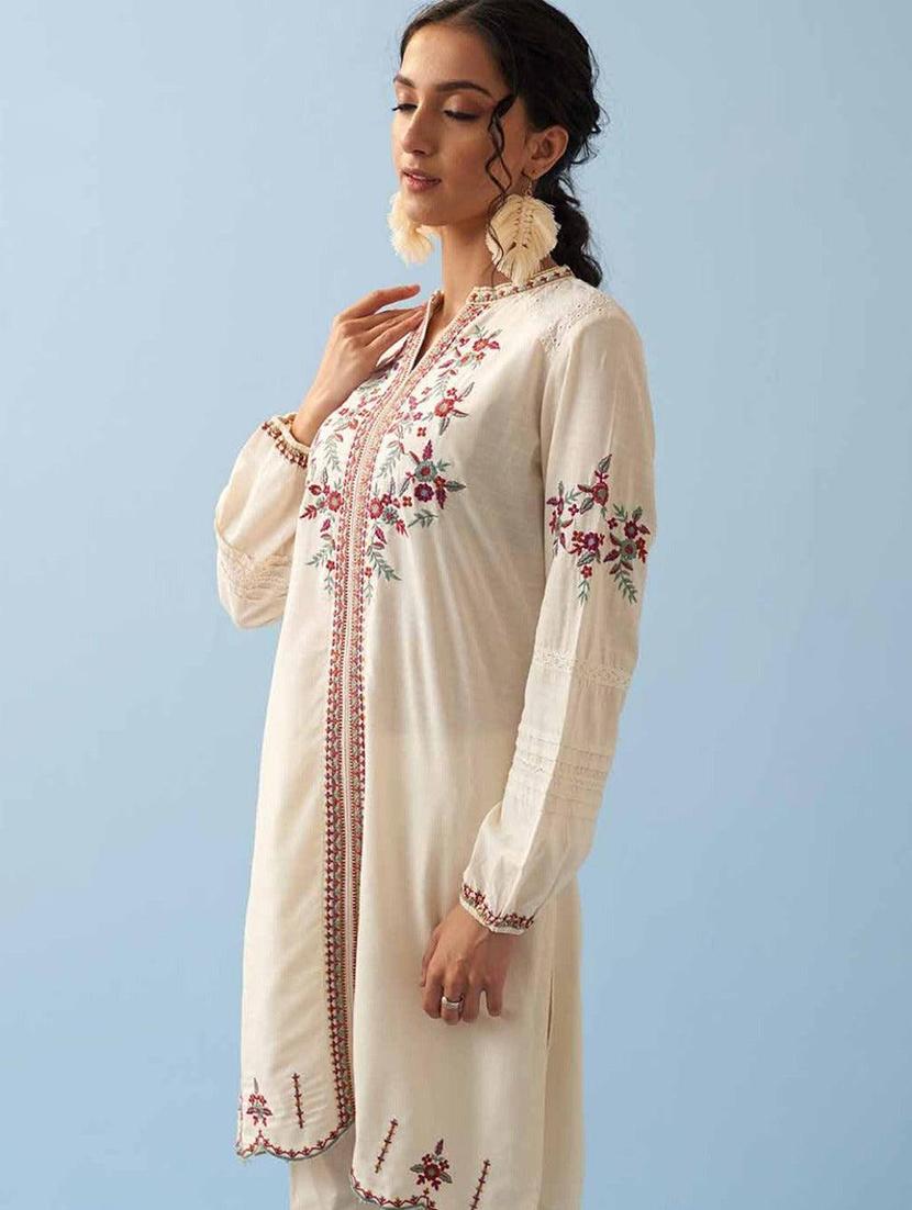 women solid with work long sleeve a-line kurta - 21452129 -  Standard Image - 1