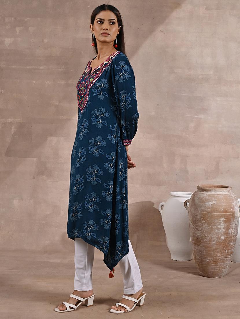 women teal modal asymmetric kurta - 21452285 -  Standard Image - 1