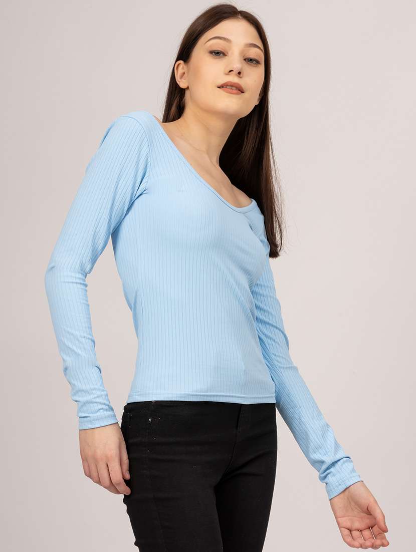 women solid scoop neck long sleeves top - 21452567 -  Standard Image - 1