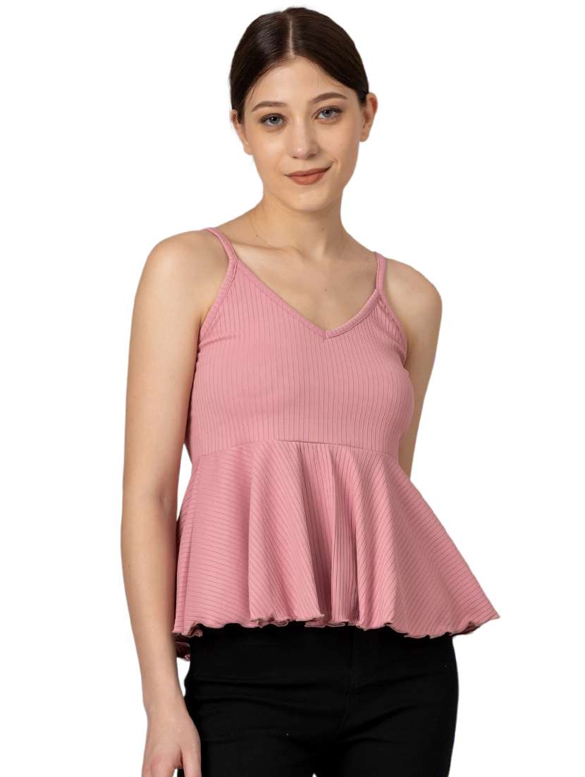 women solid shoulder strap peplum top