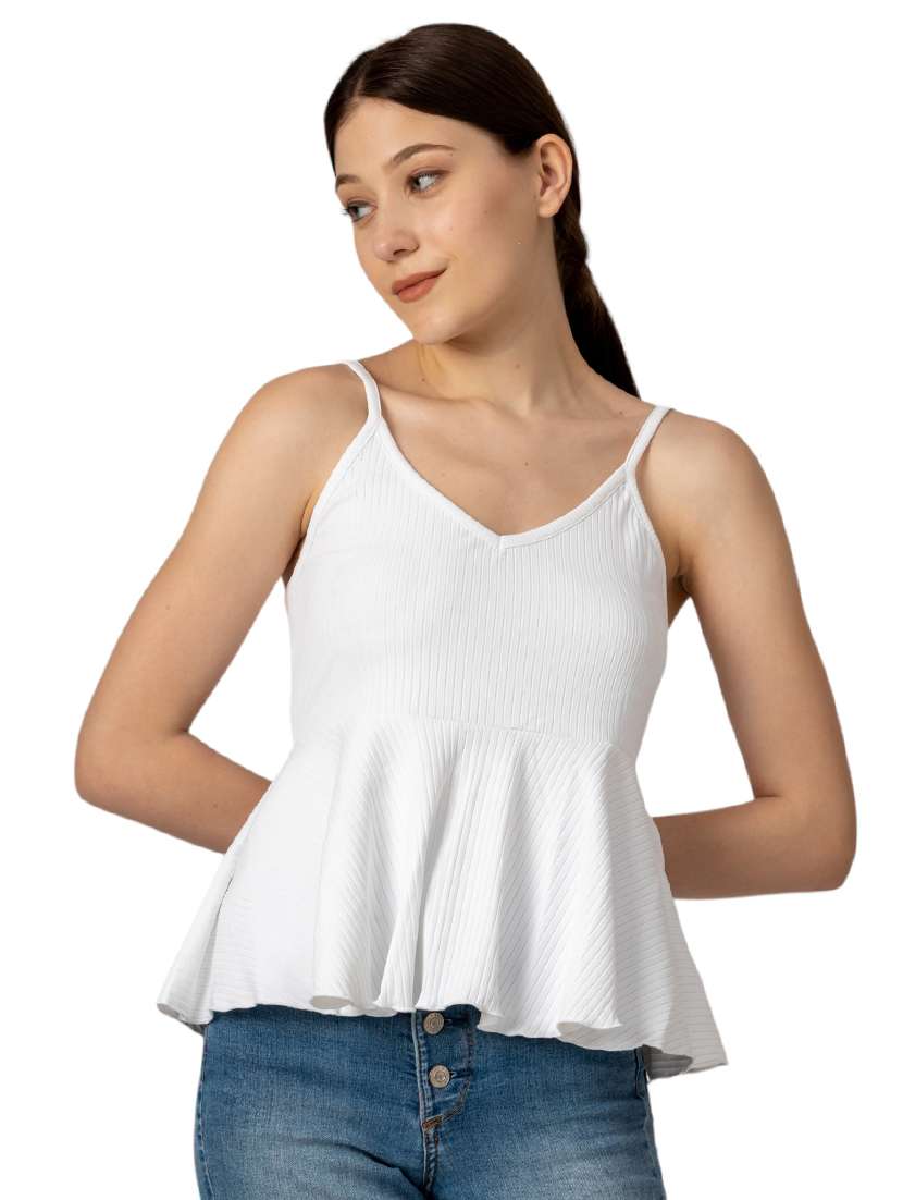 women solid shoulder strap peplum top