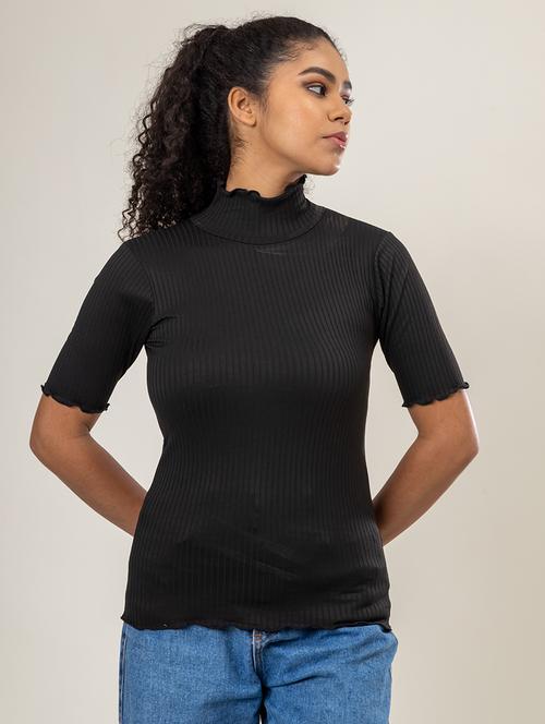 women solid high neck short sleeves crop top - 21452598 - Standard Image - 0
