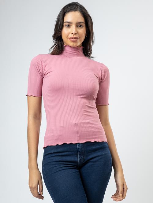 women solid high neck short sleeves crop top - 21452600 - Standard Image - 0