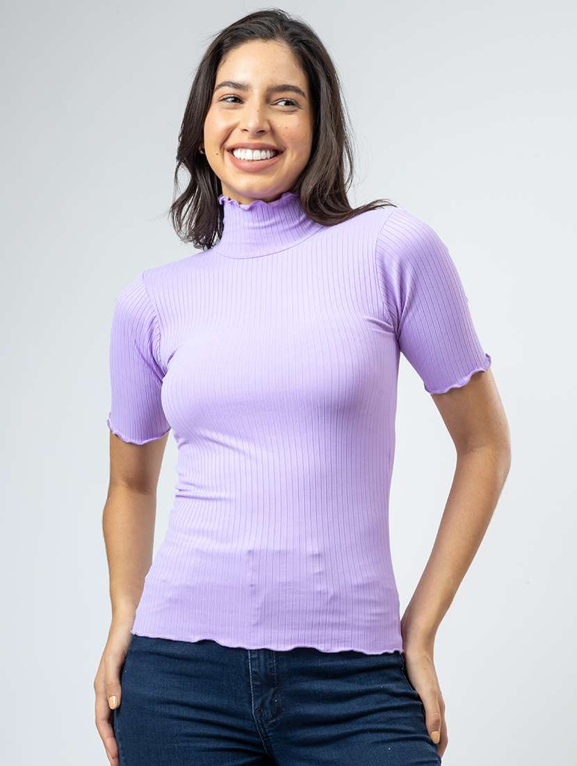 women solid high neck short sleeves crop top