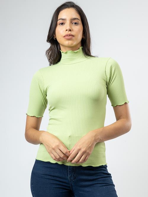 women solid high neck short sleeves crop top - 21452602 - Standard Image - 0