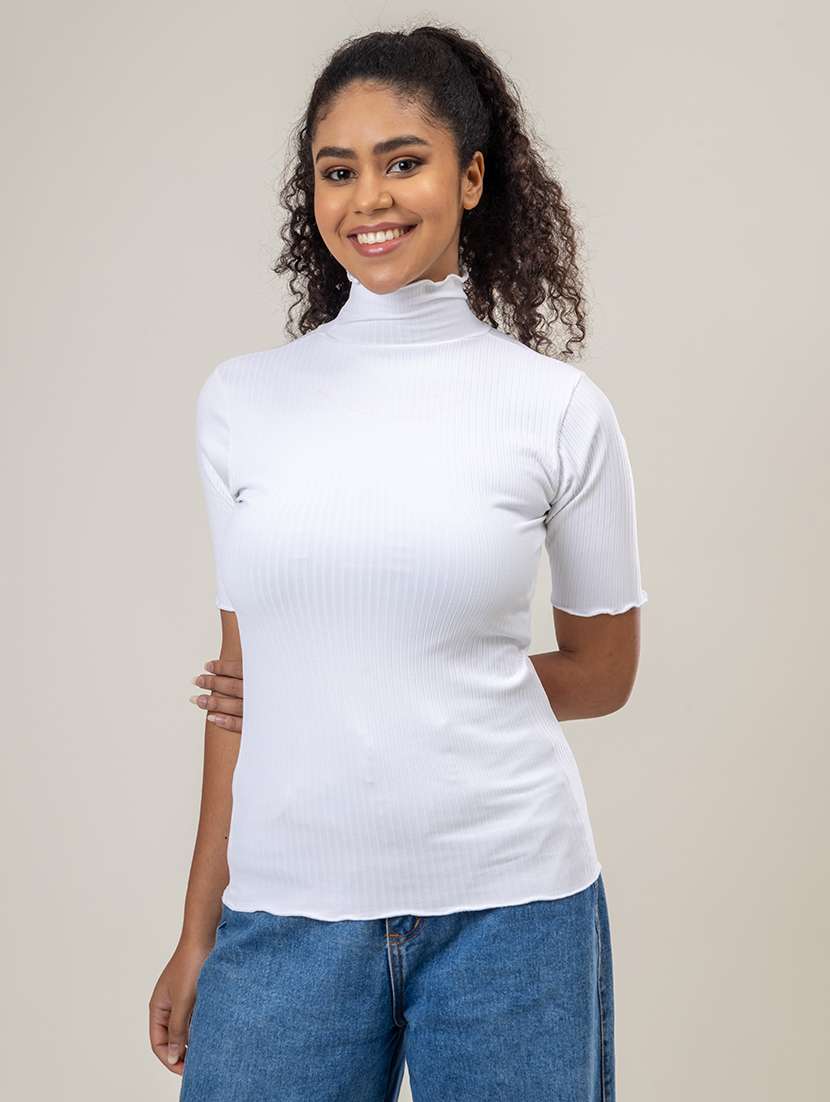 women solid high neck short sleeves crop top