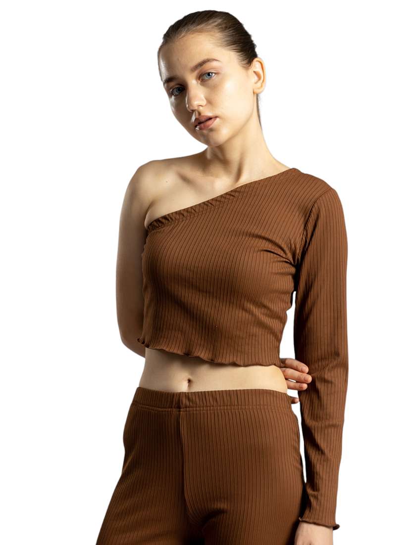 women solid single shoulder crop top