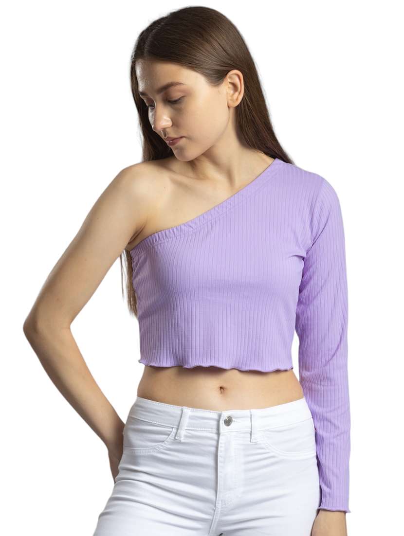 women solid single shoulder crop top