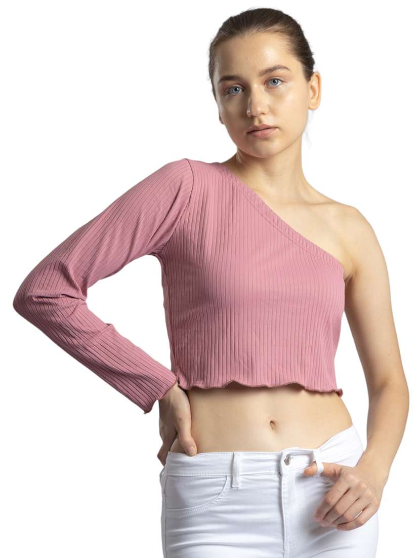 women solid single shoulder crop top