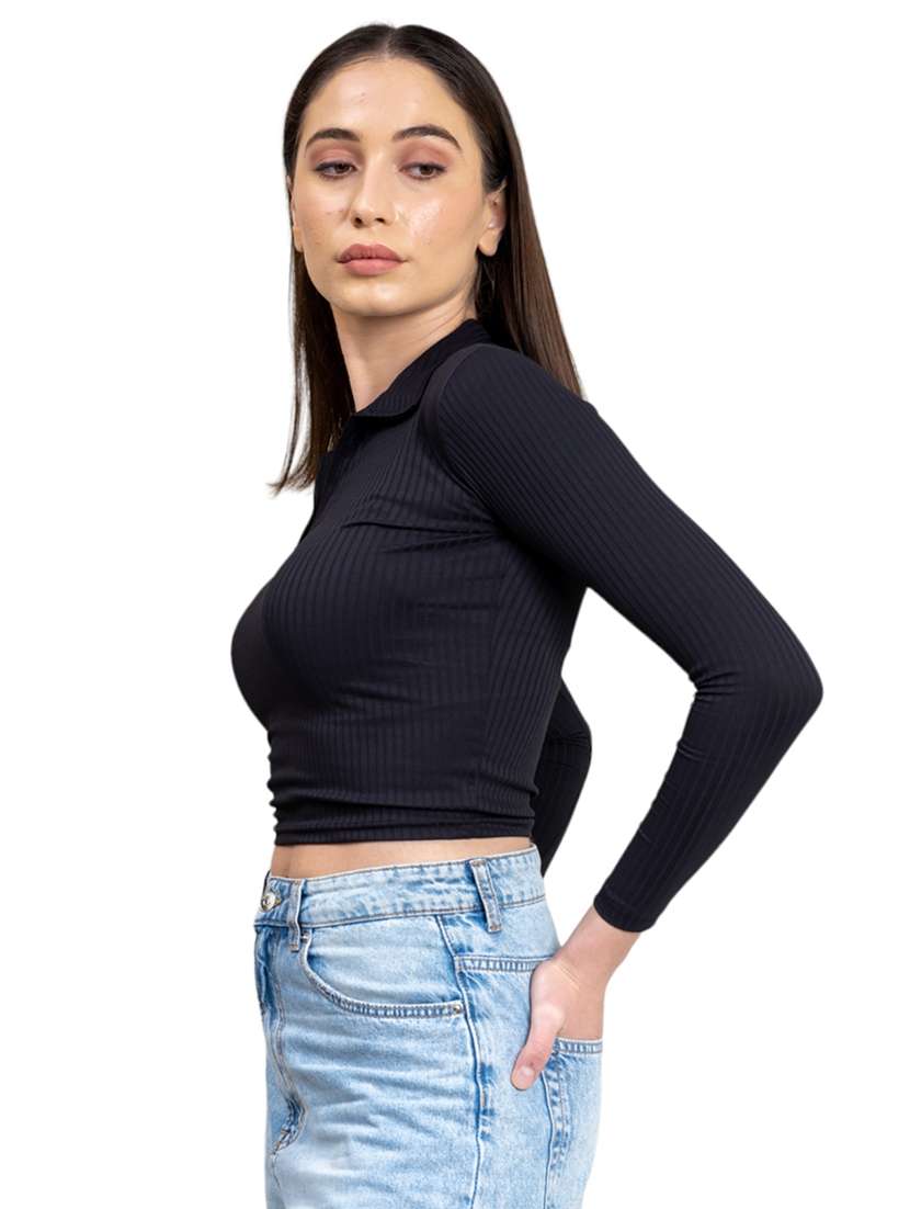 women solid collared long sleeves crop top - 21452627 -  Standard Image - 1