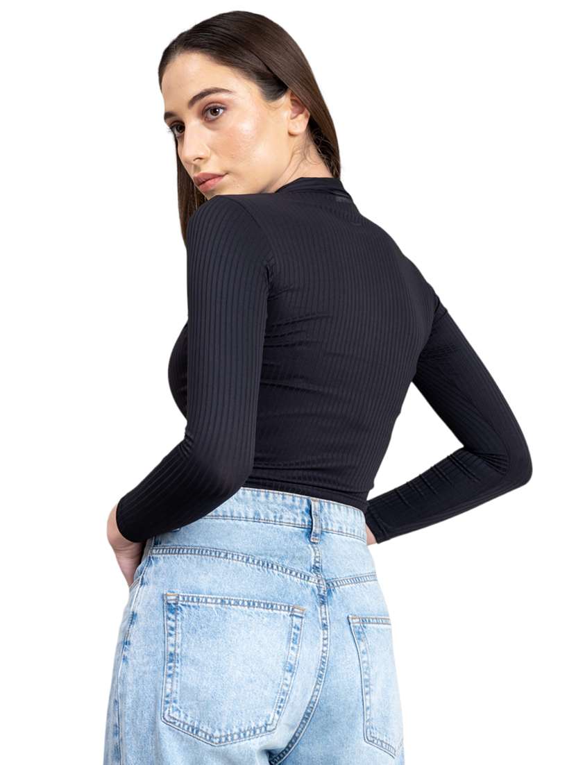 women solid collared long sleeves crop top - 21452627 -  Standard Image - 4