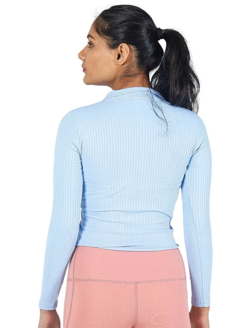 women solid collared long sleeves crop top - 21452632 -  Standard Image - 1