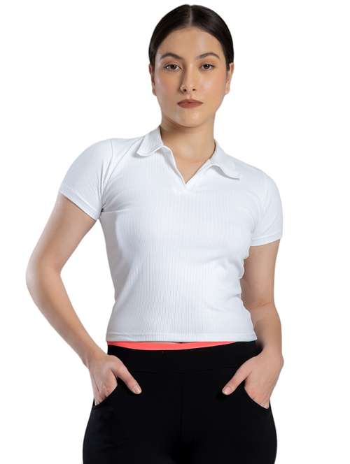 Women Solid Collared Crop Top
