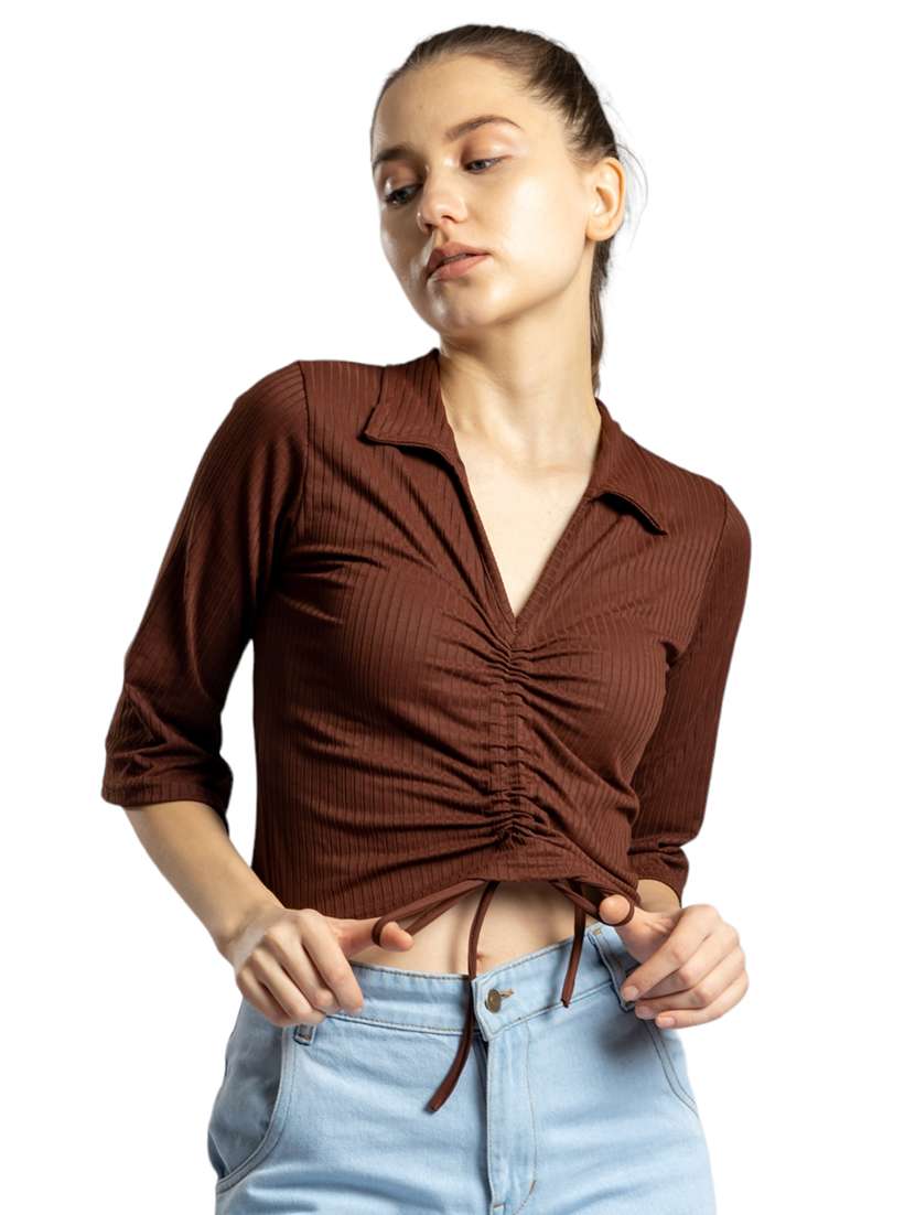 women solid collared ruched crop top
