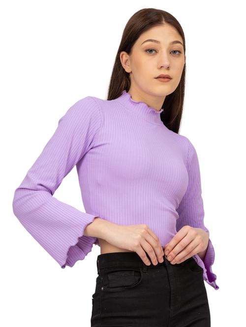 women solid high neck bell sleeves crop top - 21452697 - Standard Image - 0