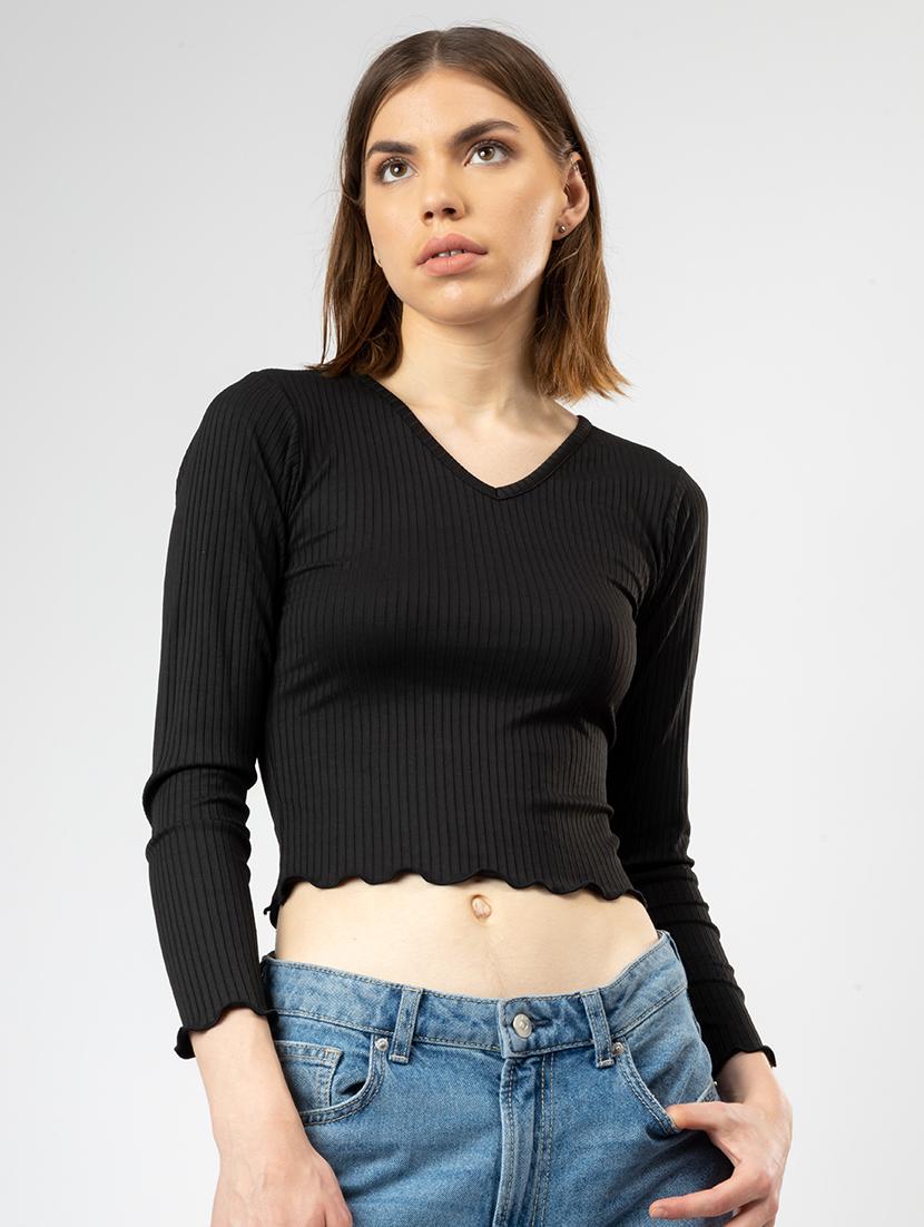 women solid long sleeves crop top - 21452718 -  Zoom Image - 0