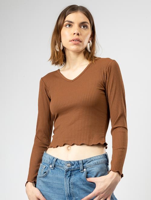 women solid long sleeves crop top - 21452720 - Standard Image - 0