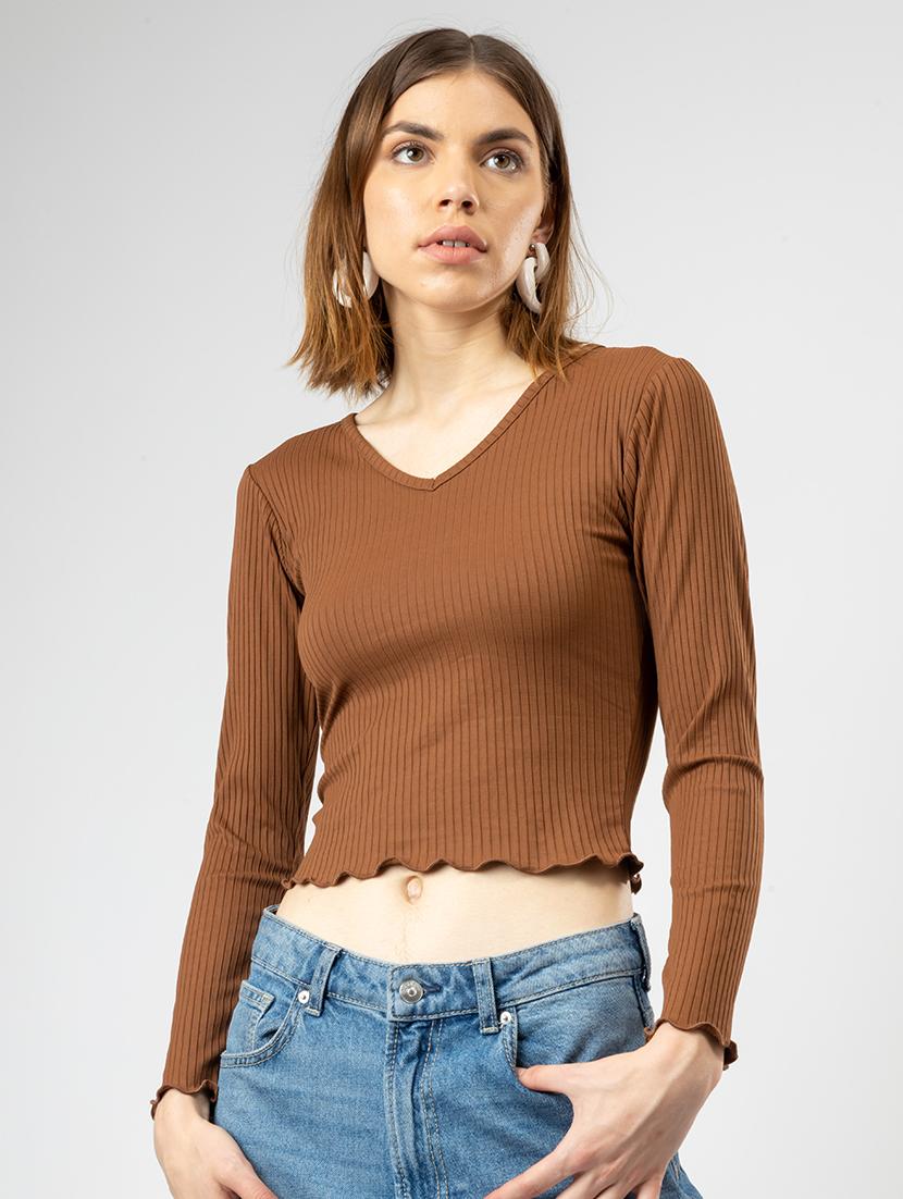 women solid long sleeves crop top - 21452720 - Zoom Image - 0