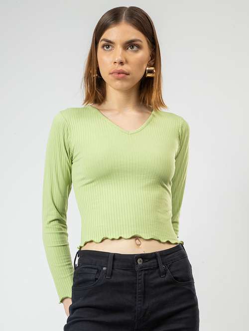 women solid long sleeves crop top - 21452722 -  Standard Image - 0