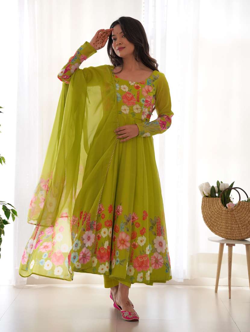 lime embroidered anarkali gown with dupatta - 21452789 -  Standard Image - 1