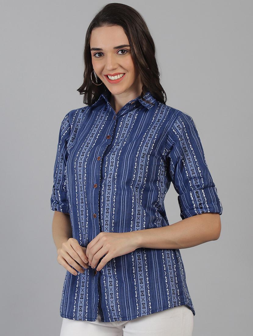 women blue cotton regular shirt - 21454641 - Standard Image - 1