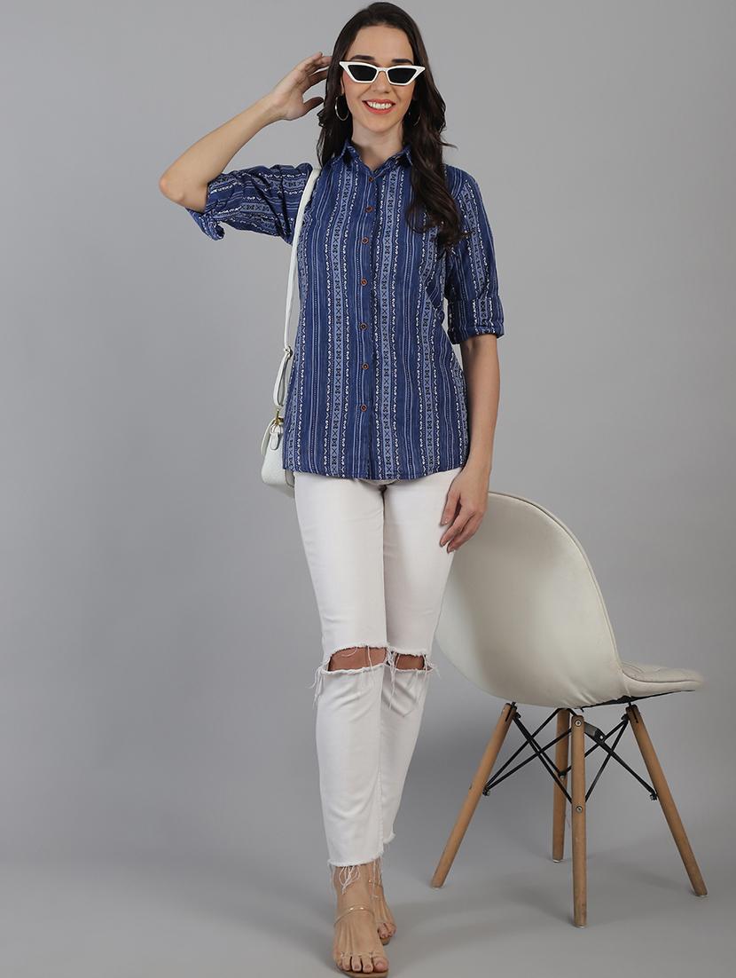 women blue cotton regular shirt - 21454641 - Standard Image - 4