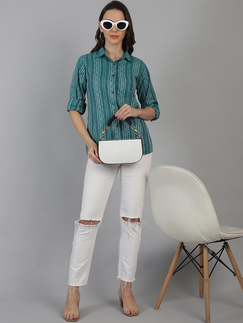 women teal green cotton regular shirt - 21454642 - Standard Image - 4